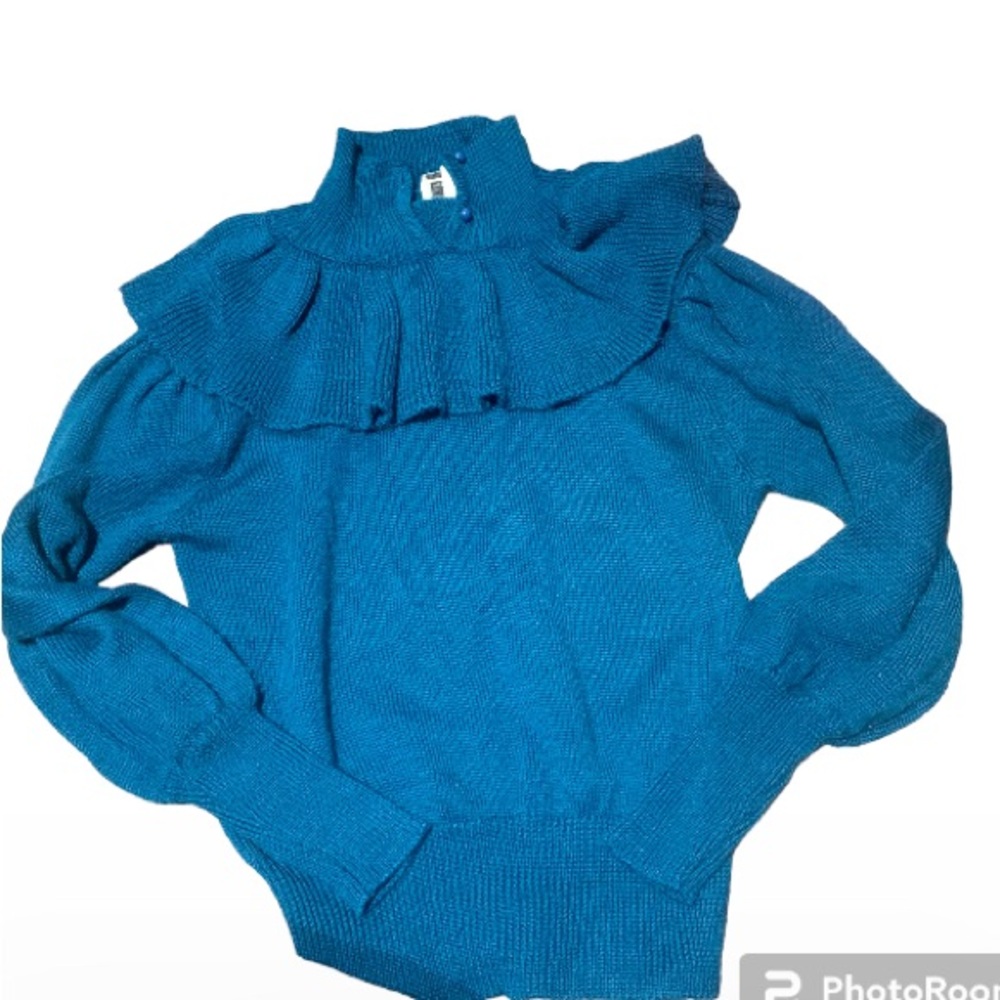 Pacific Sweater Exchange PSE Teal Sweater Frilly Ruffled Buttoned Turtleneck